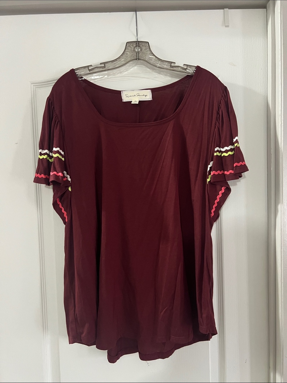 French Laundry Wine Short-Sleeve Top with Ruffle Sleeve Trim
